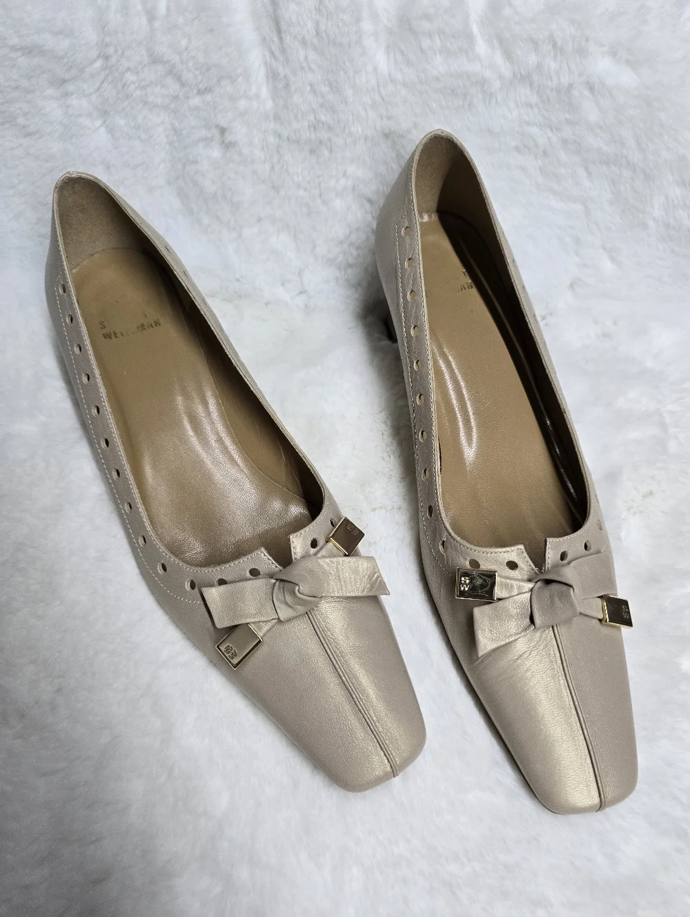Stuart Weitzman Beige Bow Square-Toe Kitten Heel Pump with Gold Accents - Beige - Picture 3 of 10